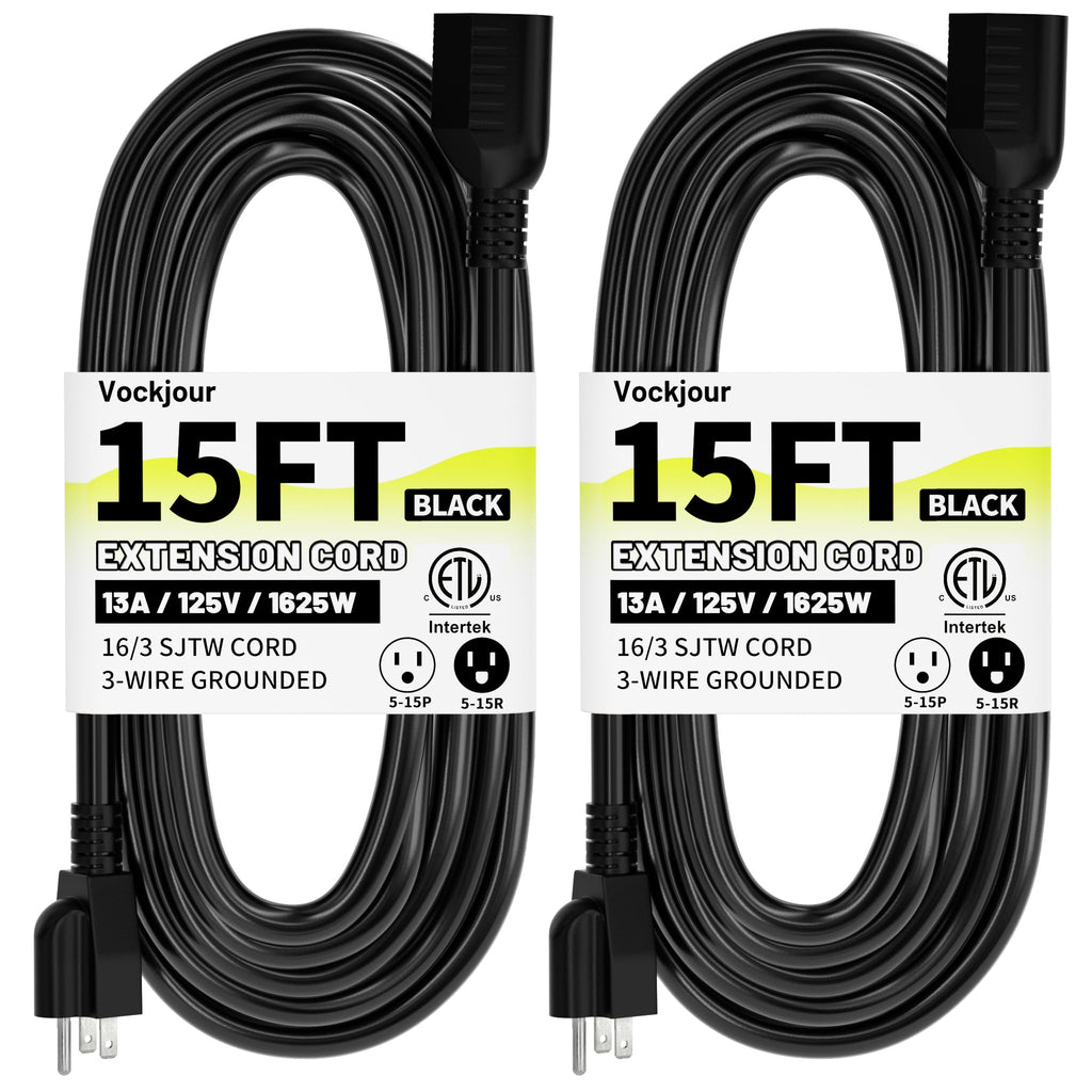 15 Ft 2Pack 13A 1625W 16AWG Black Indoor Outdoor Extension Cord Waterproof, Extension Cord with 3 Prong Grounded Plug, Flexible Weatherproof Power Cable, SJTW