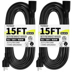 15 Ft 2Pack 13A 1625W 16AWG Black Indoor Outdoor Extension Cord Waterproof, Extension Cord with 3 Prong Grounded Plug, Flexible Weatherproof Power Cable, SJTW