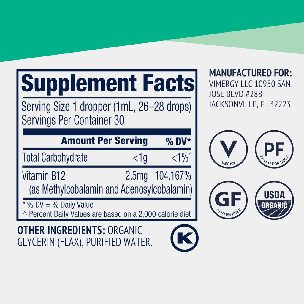 Vimergy USDA Organic Liquid Vitamin B12 Supplement 2500 mcg, Methylcobalamin & Adenosylcobalamin Fast-Absorbing Energy Support, Vegan, Non-GMO B12 Vitamins for Women & Men 30 Serving (30 mL)