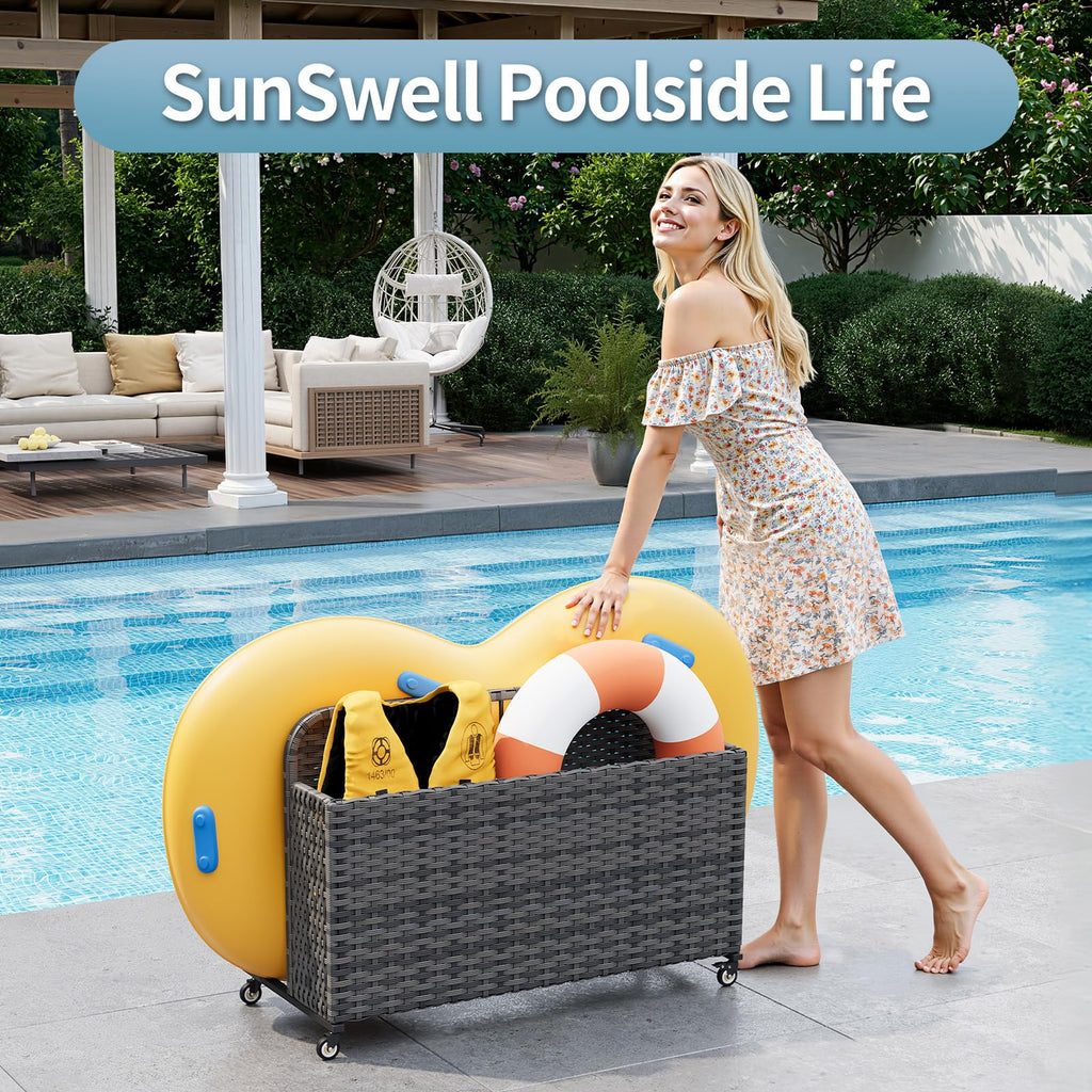 SunSwell Wicker Pool Float Storage Organizer, Rattan Outdoor Float Holder Poolside Storage Basket Caddy Cart for Floaties, Noodles, Life Vests，1 Open Compartment1