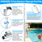 UPGRADED Pool Pole 15 Foot Telescopic Swimming Pool Poles,Telescopic Pool Cleaning Pole,Adjustable Professional Pole for Skimmer Net,Rake,Brush,Vacuum Head,Heavy Duty Aluminum Thicken 1.3mm Pole