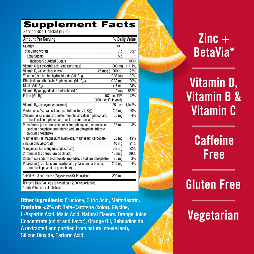 Emergen-C Immune+ Triple Action Immune Support Powder, BetaVia (R), 1000mg Vitamin C, B Vitamins, Vitamin D and Antioxidants, Super Orange – 30 Count