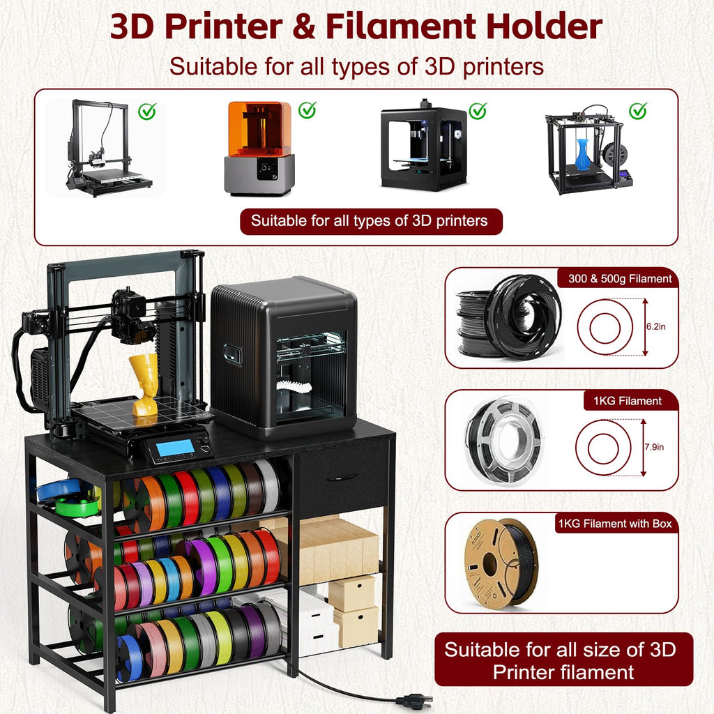 GUULIBERA 3D Printer Stand with Filament Storage Rack, Black 3D Printer Table with Power Outlet, 3-Tier Filament Holder with Drawer, 3D Printer Filament Stand Organized for Office Workshop Studio