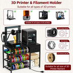 GUULIBERA 3D Printer Stand with Filament Storage Rack, Black 3D Printer Table with Power Outlet, 3-Tier Filament Holder with Drawer, 3D Printer Filament Stand Organized for Office Workshop Studio