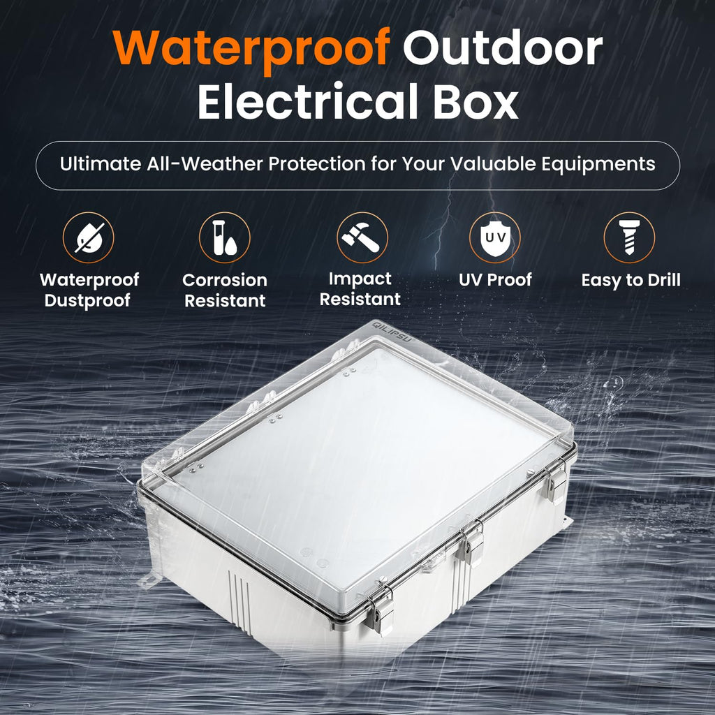 QILIPSU Waterproof Junction Box IP67 Outdoor Plastic Electrical Project Enclosure Weatherproof with Inner Door, Mounting Plate, Wall Brackets, Hinged Clear Cover 20"x16.1"x7.9" CC-D