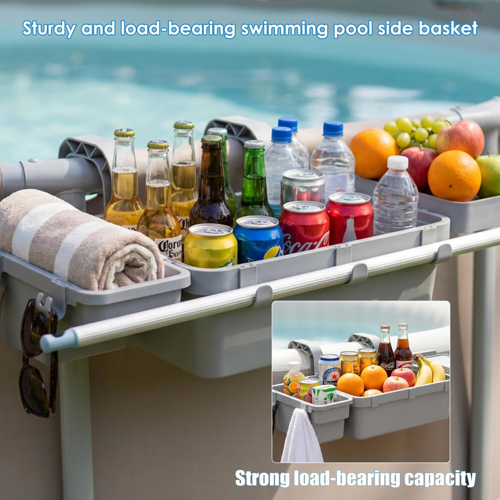 2026 Upgrade Poolside Storage Basket with Cup Holder Poolside Organizer for Pool Toys Towels Beverages Pool Accessories for Most Frame Above Ground Swimming Pools 5 Multifunctional Hooks Grey