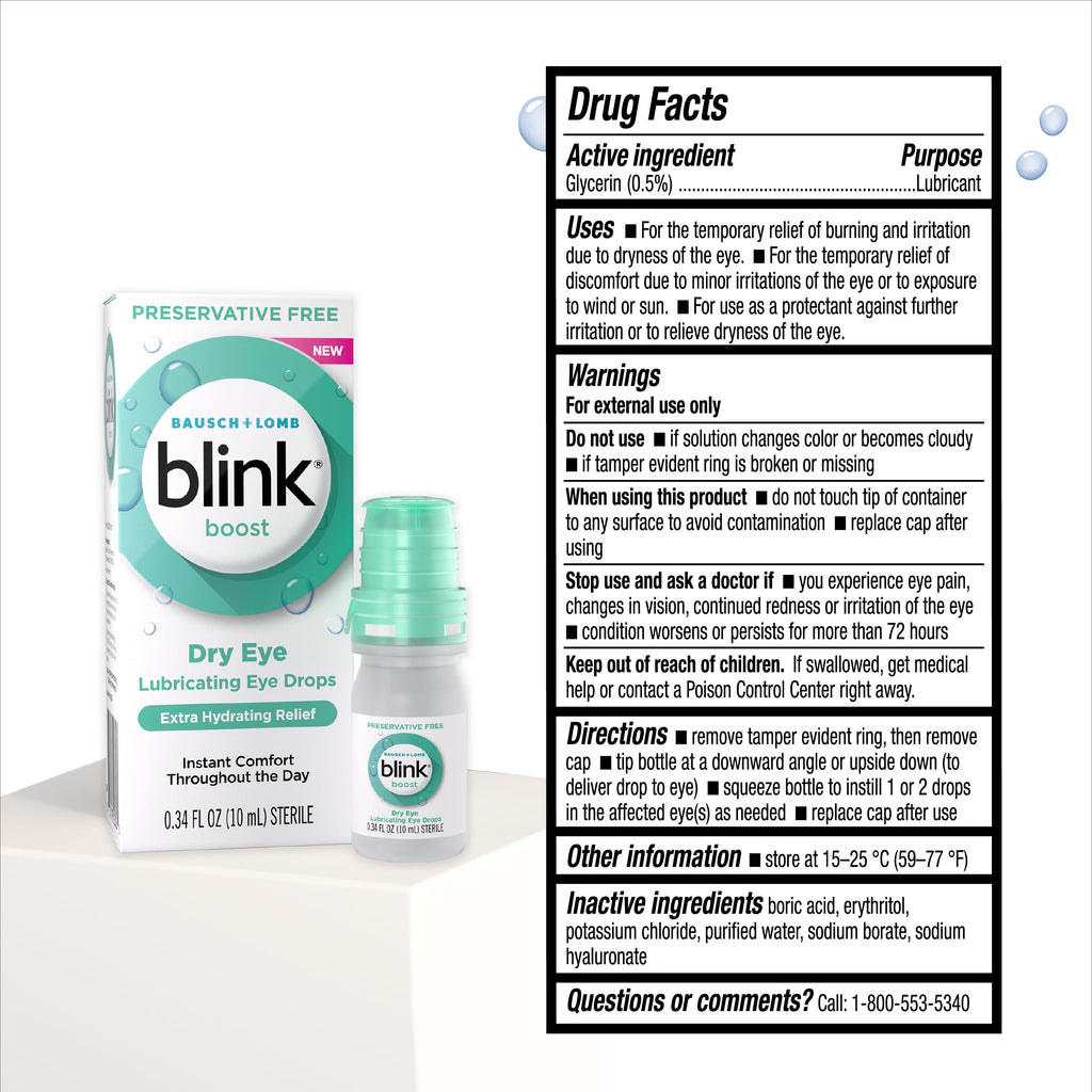 BLINK Boost Preservative-Free Lubricating Eye Drops, Moisturizing & Soothing for Mild Dry Eyes, with Hyaluronate, Hydrating Relief, Contact Lens Friendly, 0.34 FL Oz, (Pack of 2)