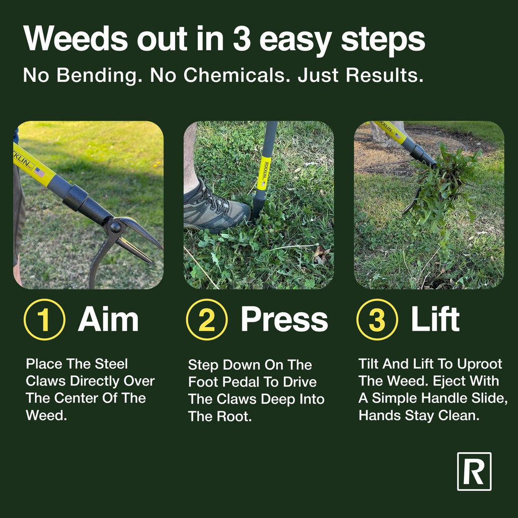 Rocklin Stand Up Weed Puller Tool Long Handle 48” | No Bending or Kneeling | 4-Claw Steel Head, Heavy Duty Dandelion Root Extractor & Weed Remover for Lawn