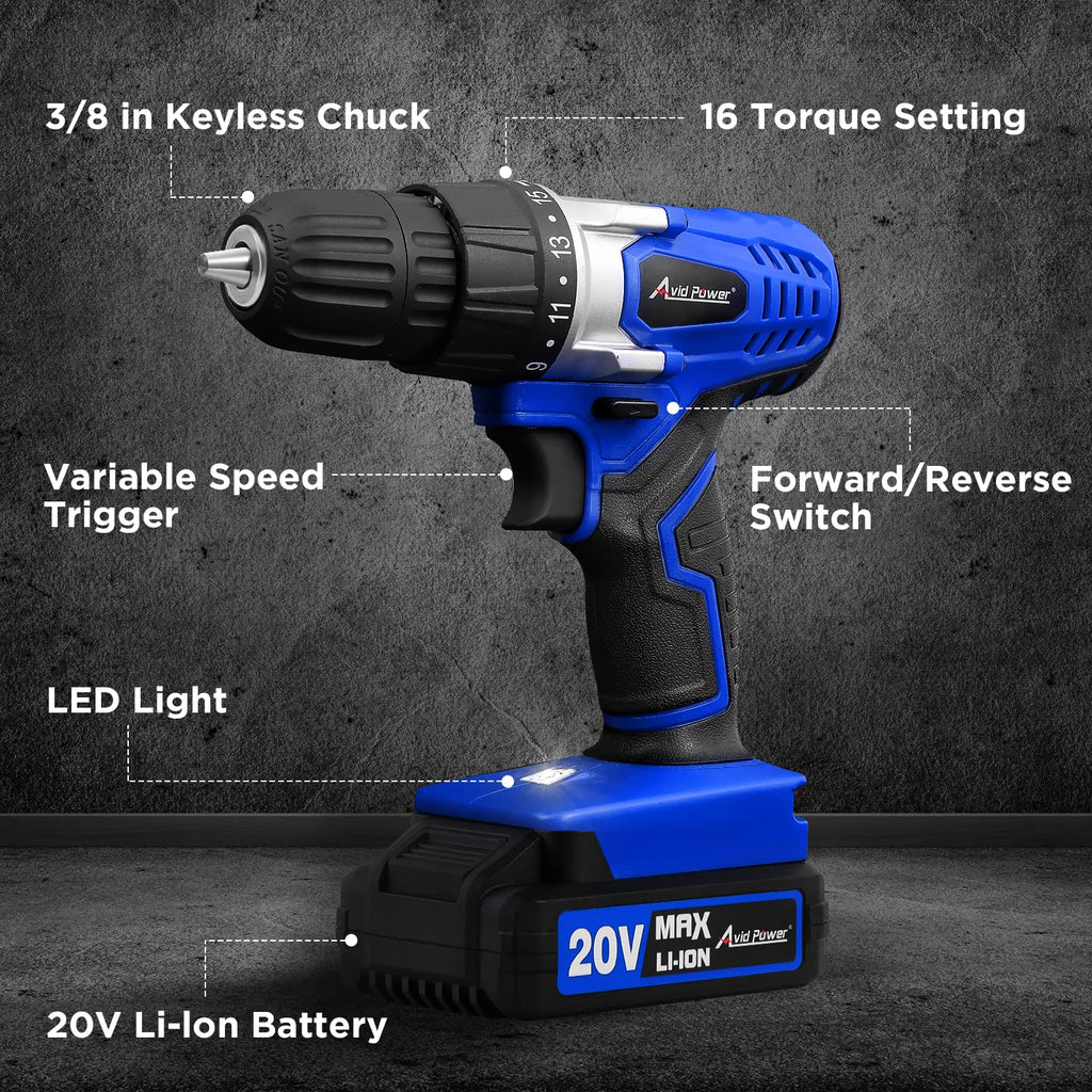 AVID POWER 20V Cordless Drill Set for Home DIY & Beginner Projects - Lightweight Power Drill with Battery Charger & 22 Bits, Variable Speed, 3/8" Keyless Chuck, Ideal for Furniture Assembly (Blue)