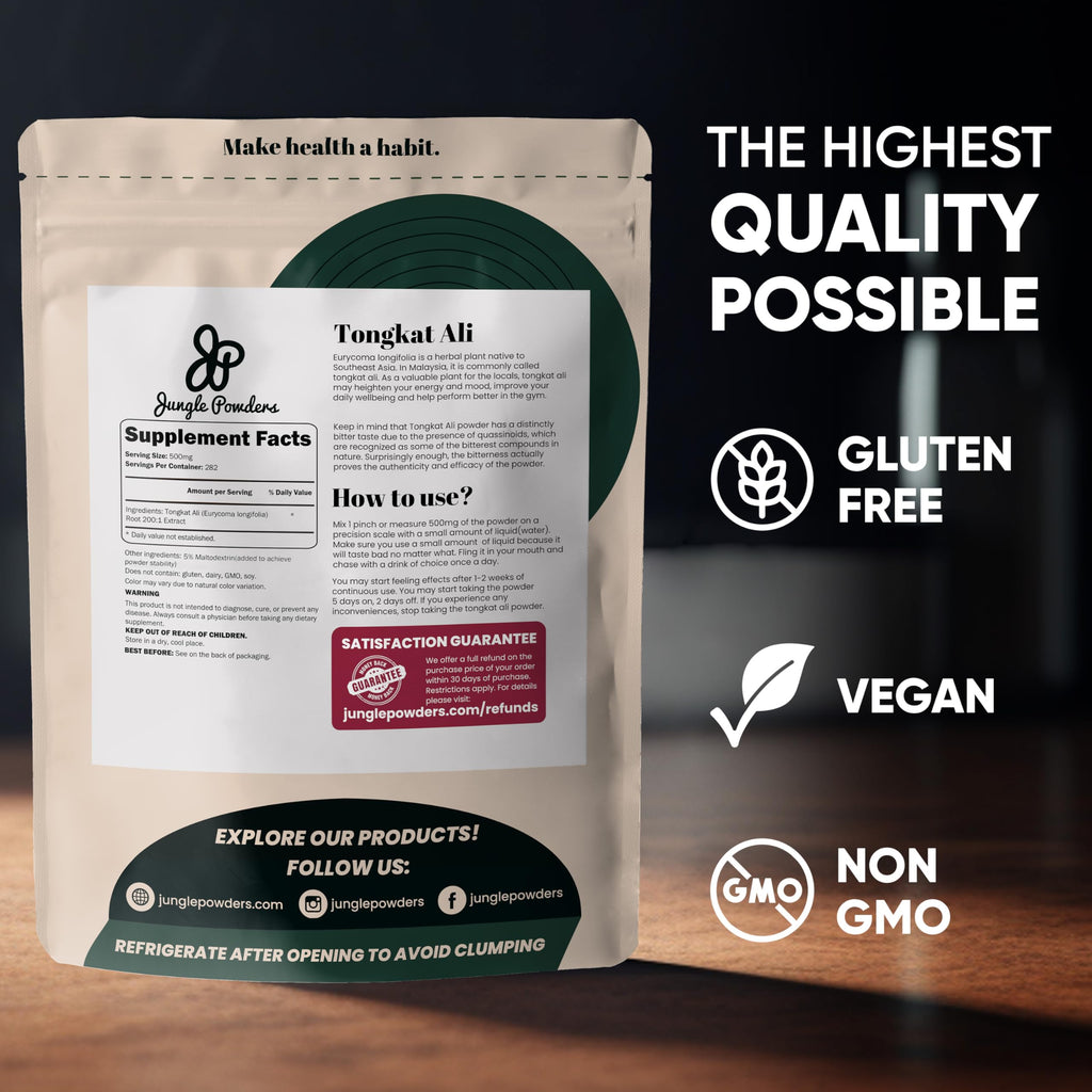 Jungle Powders Tongkat Ali for Men Powder 200:1 Extract 282 Servings 5 Ounce Bag Eurycoma Longifolia Powder Supplement Tonkat-Ali Pure Longjack Root Traditional Mens Health Support for Drive Passion