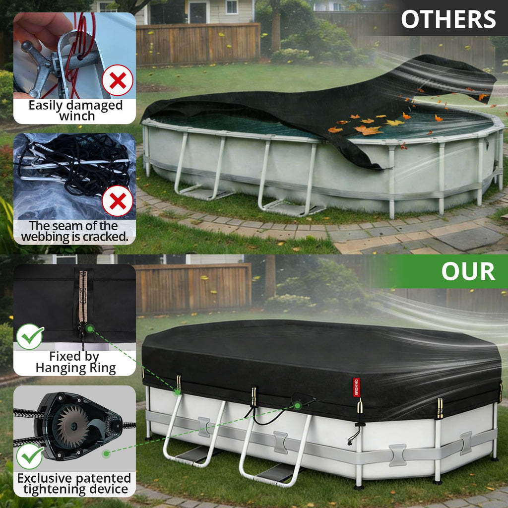 QH.HOME 12X20ft Oval Pool Cover,[Ultimate Windproof & Tear-Resistant Fabric],Snug Fit with Patented Ratchet & Weight Rings,Solar Pool Cover for Above Ground Pools, Blocks Leaves &Waterproof