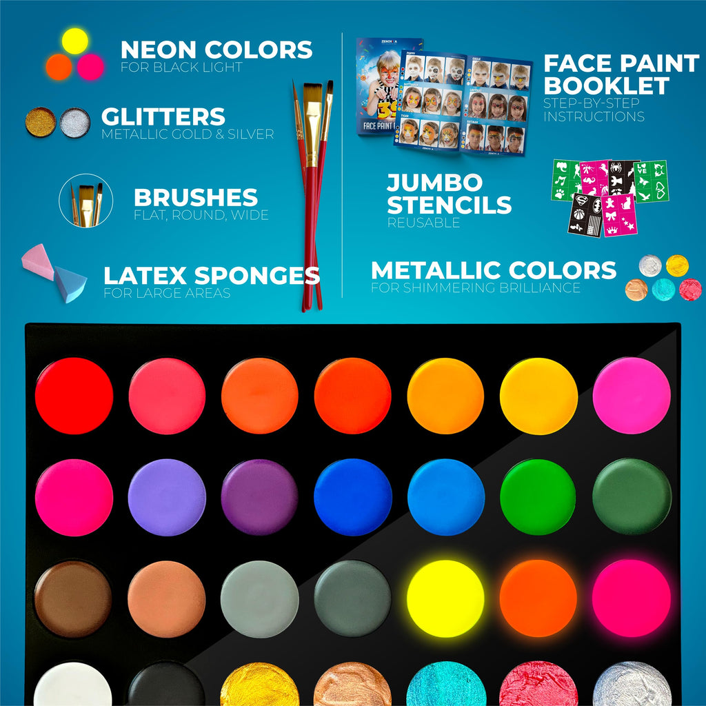 Zenovika Face Painting Kit for Kids - 28 Colors with 5 Metallics & 3 Blacklight Neons, 60 Reusable Stencils & 39-Design Book, Water Activated Face Paint, Washes Off with Soap & Water, Halloween