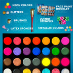 Zenovika Face Painting Kit for Kids - 28 Colors with 5 Metallics & 3 Blacklight Neons, 60 Reusable Stencils & 39-Design Book, Water Activated Face Paint, Washes Off with Soap & Water, Halloween