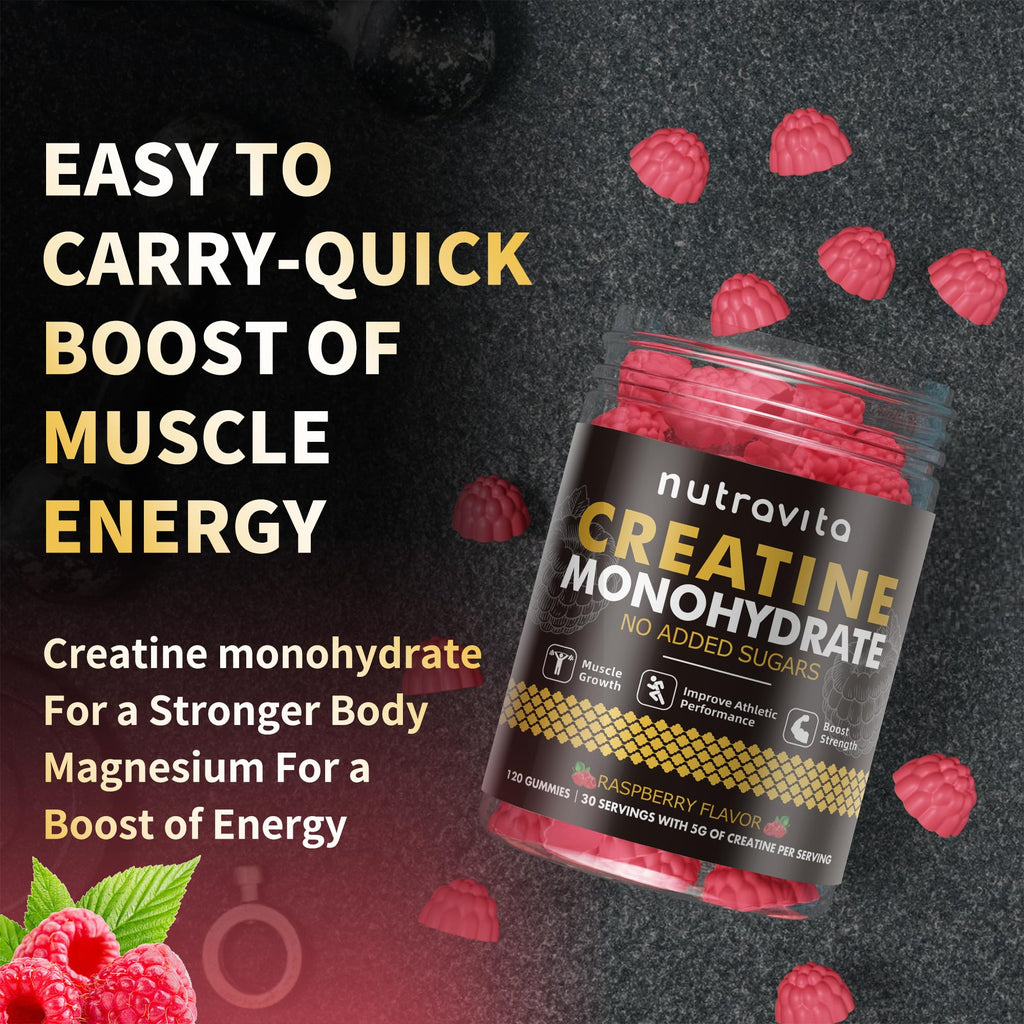 Nutravita Creatine Monohydrate Gummies for Men & Women-5g of Creatine Monohydrate per Serving - Sugar Free,Vegan, Raspberry Flavor, 120 Count