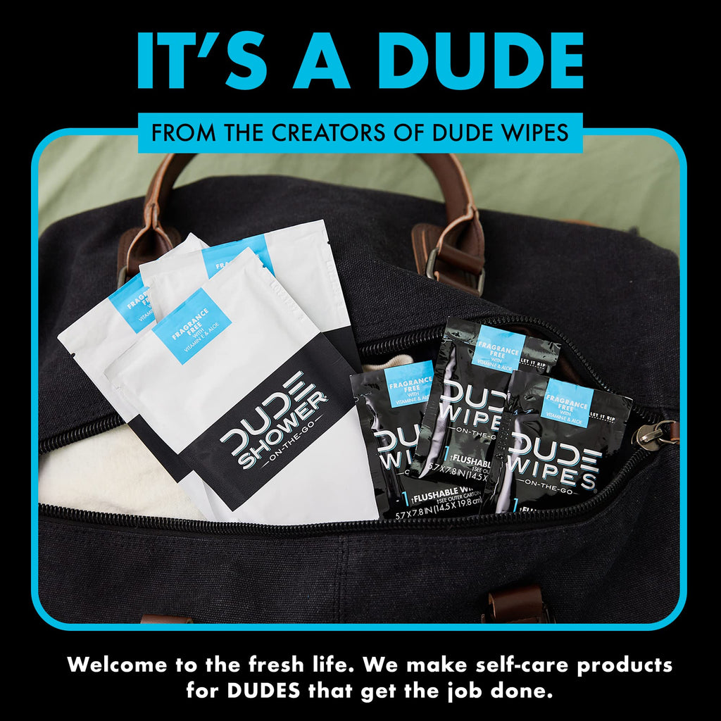 DUDE Wipes Fragrance Free On-The-Go Shower Wipes - Extra-Large and Thick Cleansing Body Wipes for Travel - 3 Packs of 8 (24 Count) - Infused with Vitamin E and Aloe