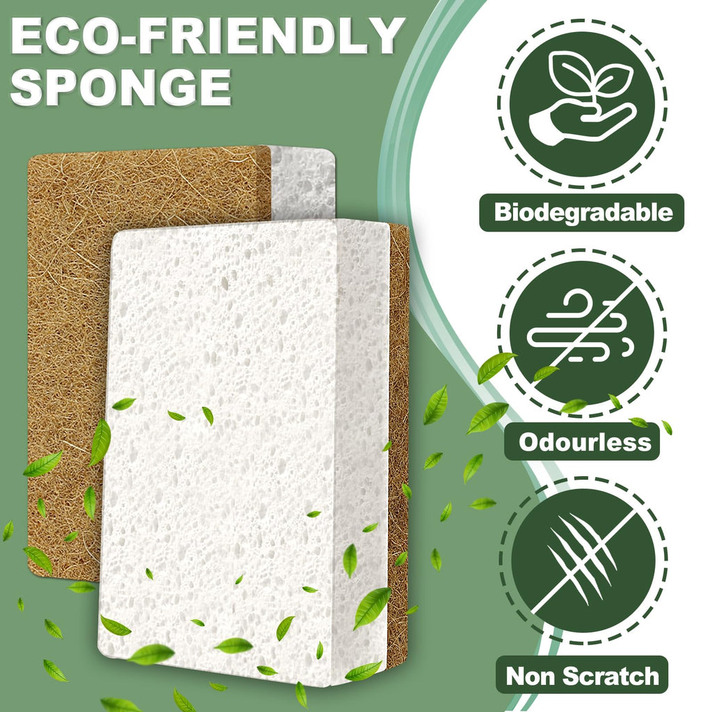 Aheroi Natural Dish Sponge, 32 Count FSC Certified Plant-Based Biodegradable Compostable Kitchen Sponges for Dishes Bulk, Organic Eco Friendly Cleaning Sponge for Bathroom, Household, Non Scratch