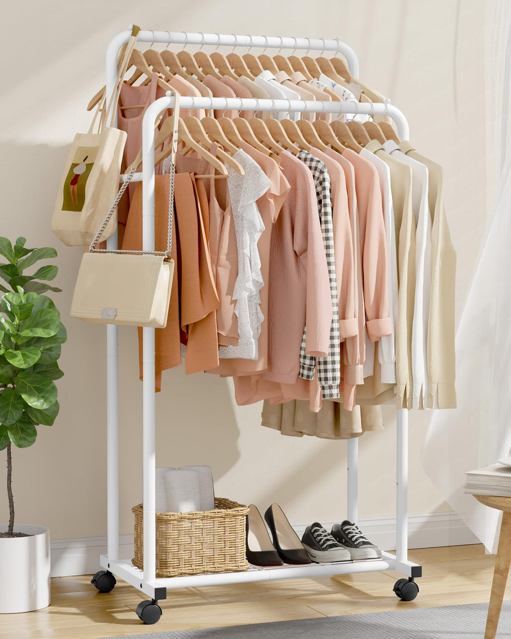 Sakugi Clothes Rack - Clothing Rack with Storage Mesh Shelf & Casters, Heavy-Duty Metal Clothing Rack for Hanging Clothes, Dresses, Coats, Large Load Capacity, Easy Assembly, White, 28.7"x16.5"x59.1"