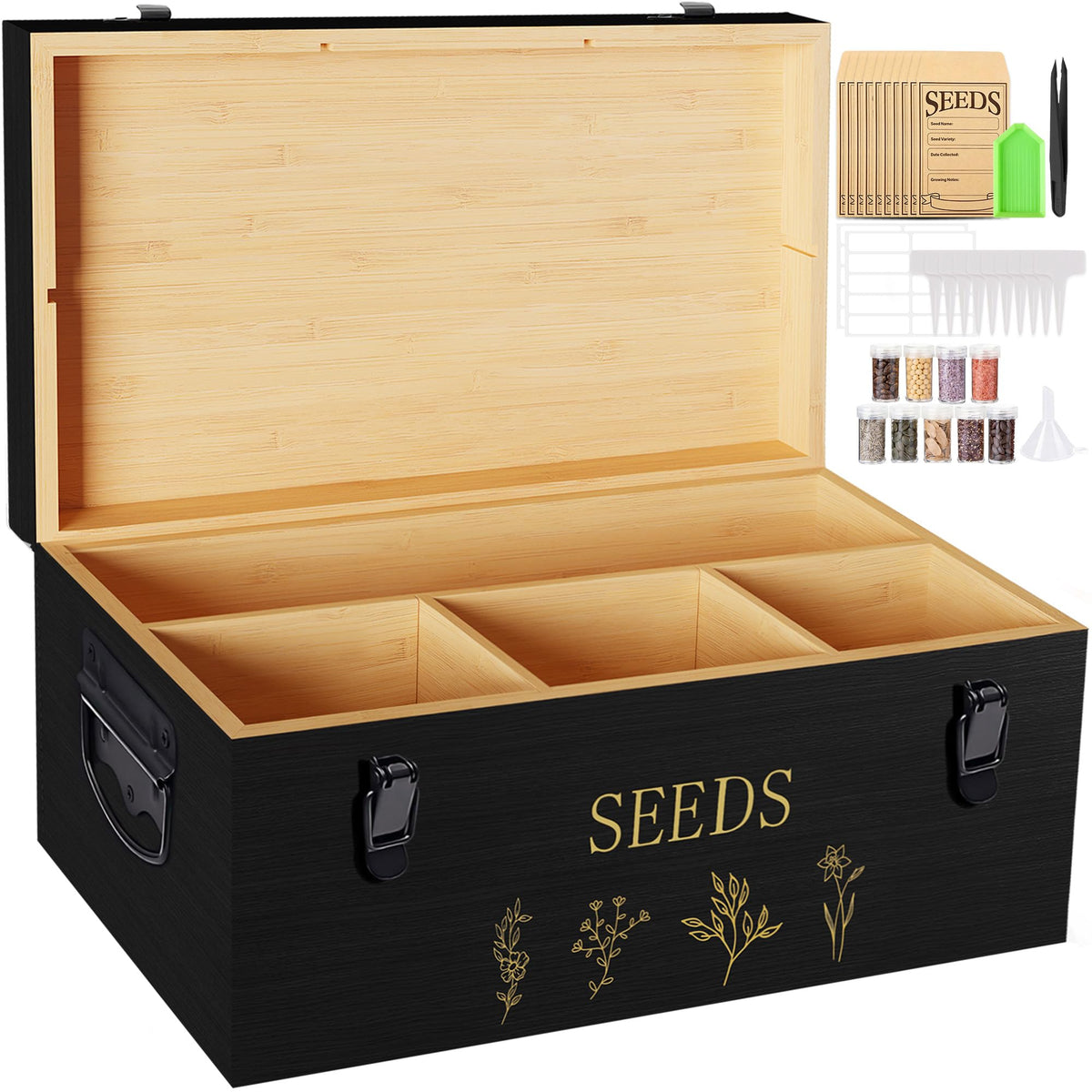Yocookus Bamboo Seed Storage Organizer, Large Garden Seed Organizer with Lid & Safety Lock & Handles, Seed Box Includes Seed Envelopes and Labels etc, Great Gifts Gardening Kit (Black)