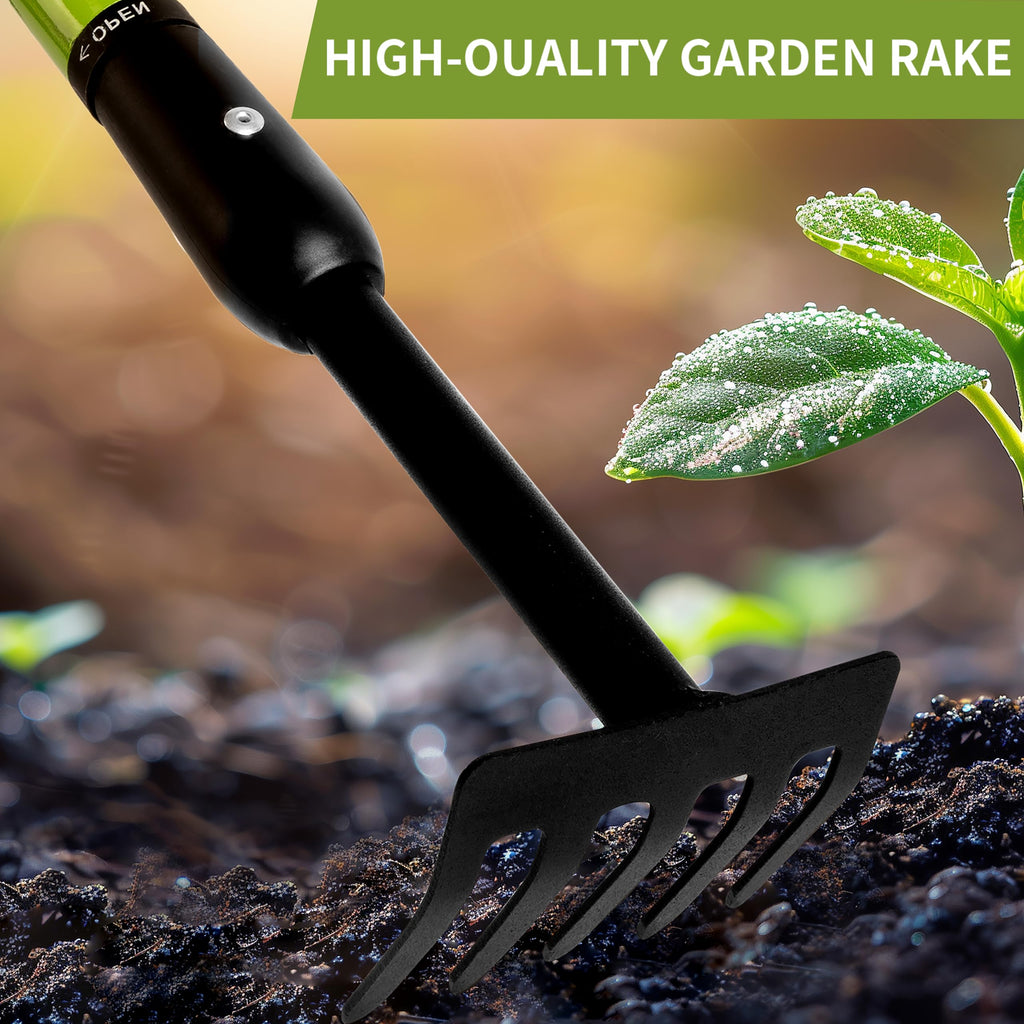 Telescopic Garden Rake, 27-40" Adjustable Hand Rake with 5 Metal Tines
