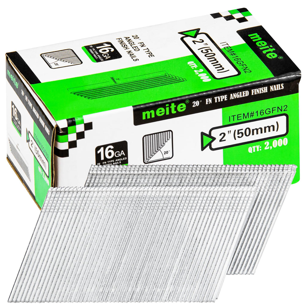 meite 16 Gauge 20 Degree Angled Finish Nails 2 Inch Leg Galvanized No-rust Finishing Nails for Finish Nailer Gun - Cabinet Crown Baseboard 10,000PCS