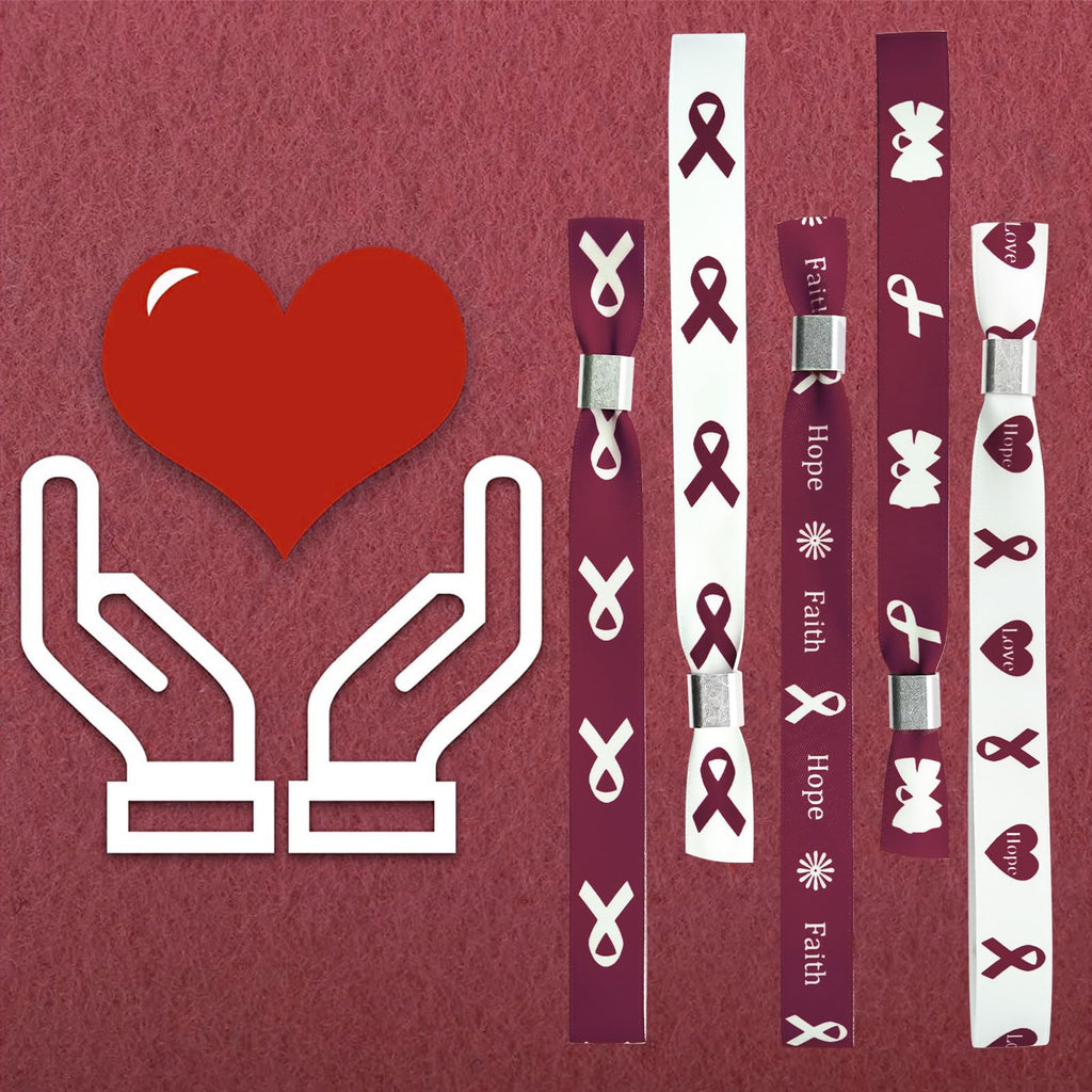 WANDIC 30 Pcs Burgundy Ribbon Bracelets, 5 Style Polyester Single Side Adjustable Multiple Myeloma Awareness Support Wristband for Event Fundraising, 6.89 * 0.59 * 0.07, no Gemstone