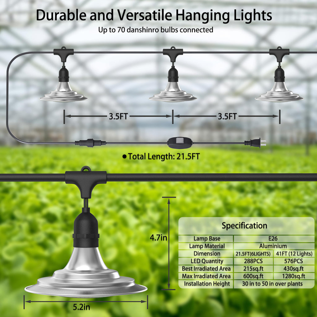 Danshinro Outdoor LED Grow Light, Waterproof String Plant Growing Light, 21 FT Full Spectrum Growth Light, Suitable for Garden, Farm, Flower, Seedling Greenhouse Grow Light (6 Light)