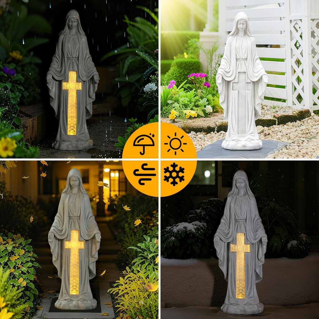 VChymm Solar Virgin Mary Praying Statue 27.9 Inch- Outdoor Religious Garden Decor with LED Lights, Weather-Resistant Magnesium Oxide Sculpture for Yard, Patio, Entryway （White Solar Virgin Mary）