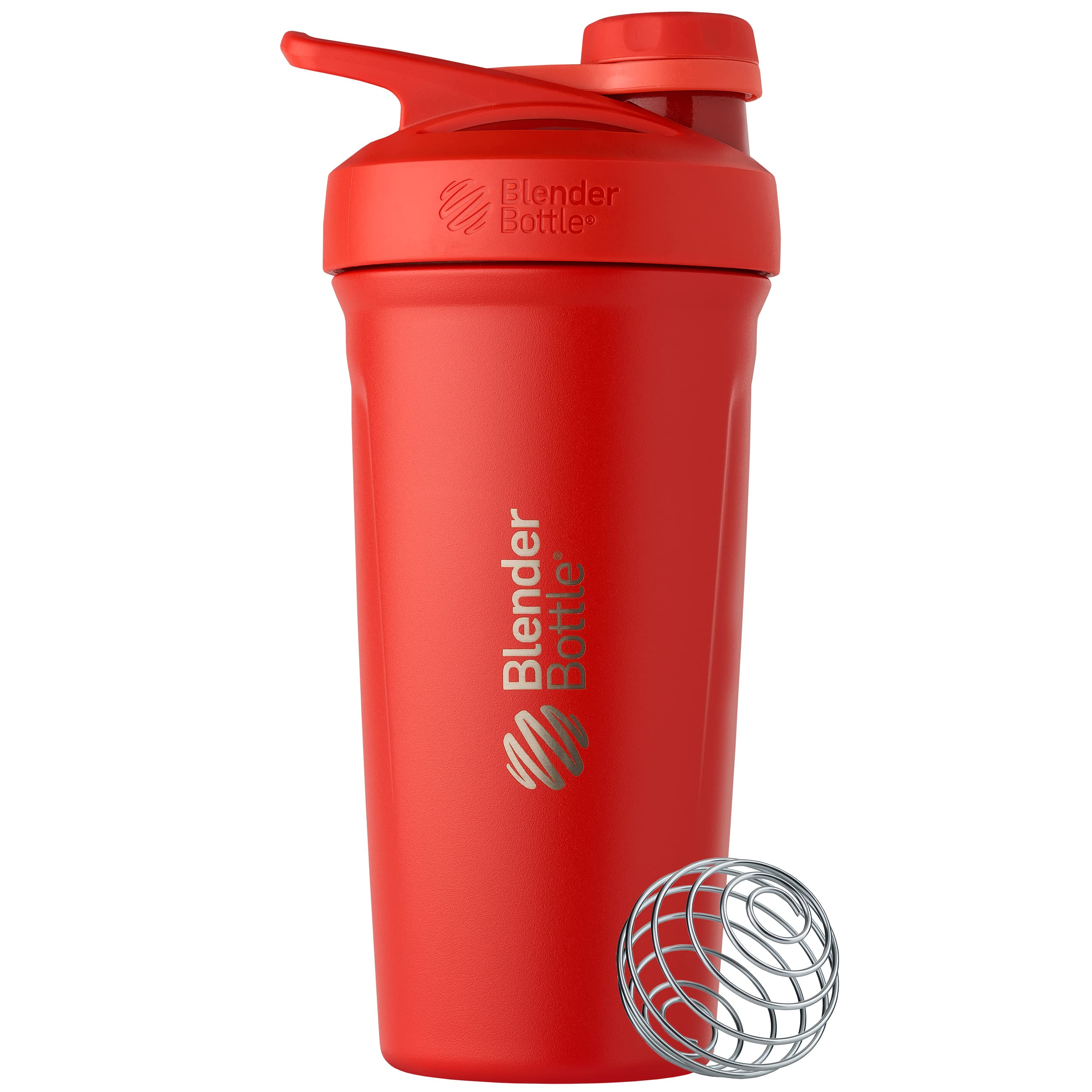 BlenderBottle Strada Twist Cap Shaker Cup Insulated Stainless Steel Water Bottle with Wire Whisk, 24-Ounce, Red