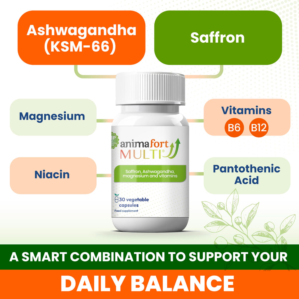 Ashwagandha KSM-66 & Saffron Supplement | Stress Relief, Mood & Emotional Balance | Vitamin B & Magnesium | Natural Pills for Mental Relaxation | 30 Capsules | AnimaFort Multi