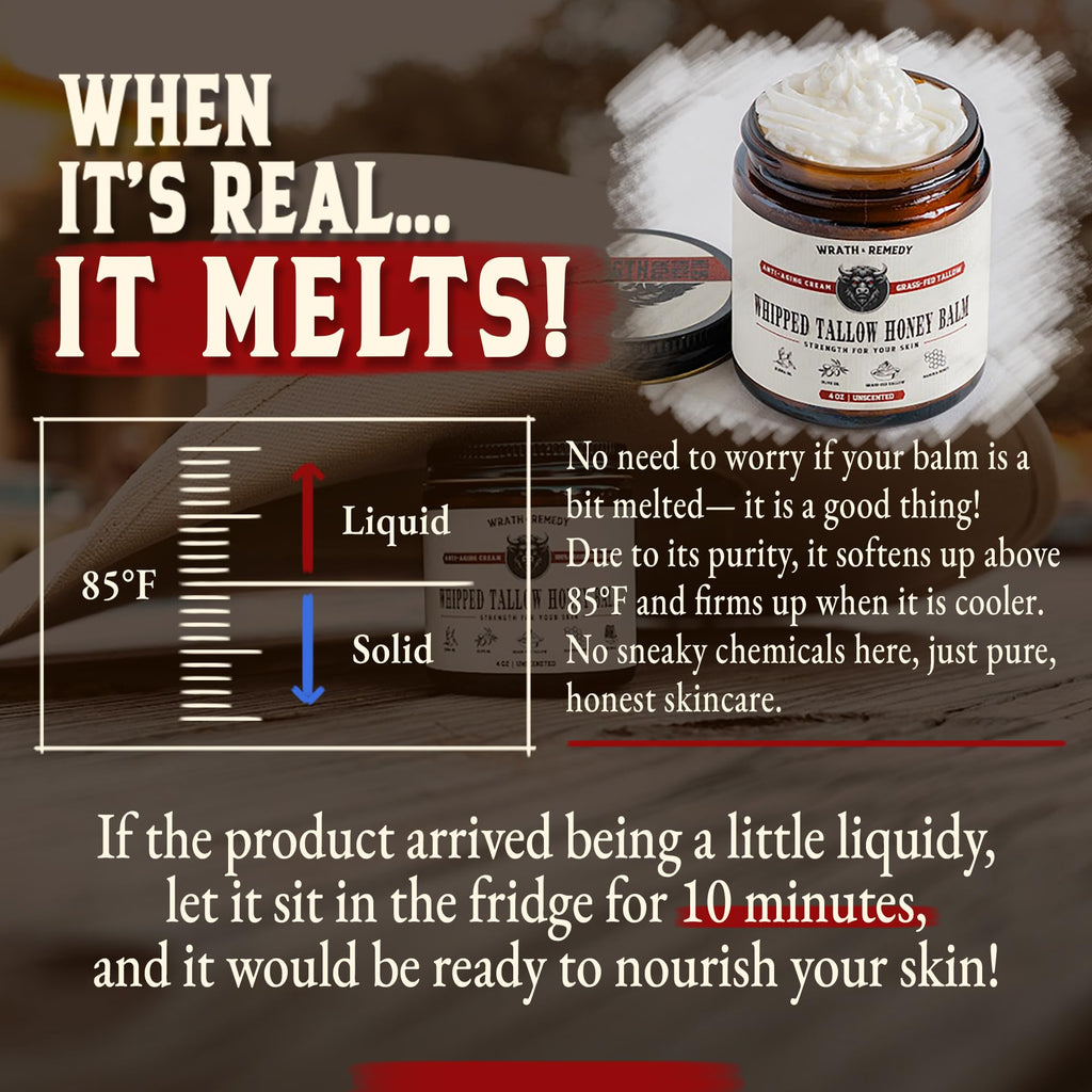 Organic Beef Tallow for Skin - 4 OZ (Unscented) — Grass Fed Beef Tallow for face + Body — US-Made Whipped Tallow and Honey Balm Moisturizer for Dry and Sensitive Skin, Eczema, Rosacea (No Additives)