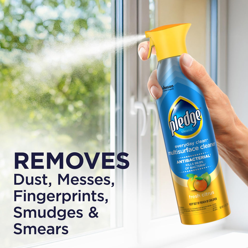 Pledge Antibacterial Multisurface Cleaner Spray, Wood Furniture, Stainless Steel, and Electronics Cleaner, Sanitizes as Cleans, Remove Dust and Messes - Fresh Citrus Scent, 9.7oz, Pack of 3