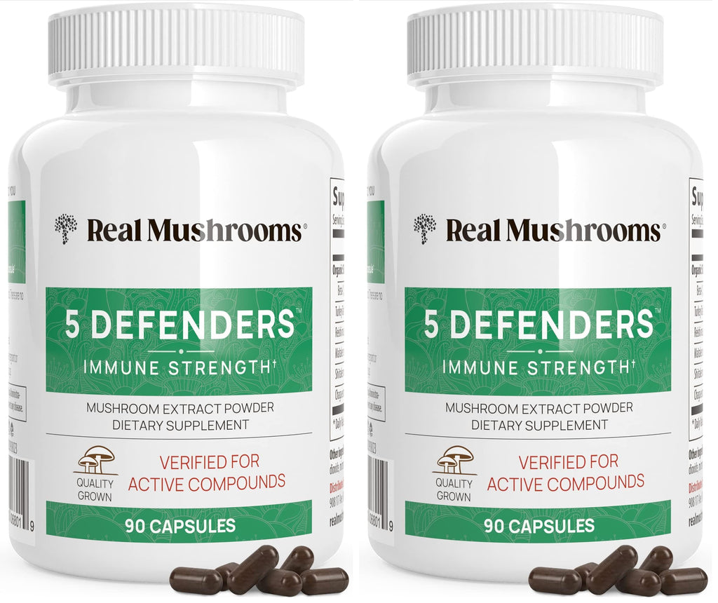 Real Mushrooms 5 Defenders - Adaptogenic Mushrooms Complex with Chaga, Reishi, Turkey Tail, Maitake & Shiitake for Wellness Support - Mushroom Beta Glucan Capsules - 90 Count (Pack of 2)