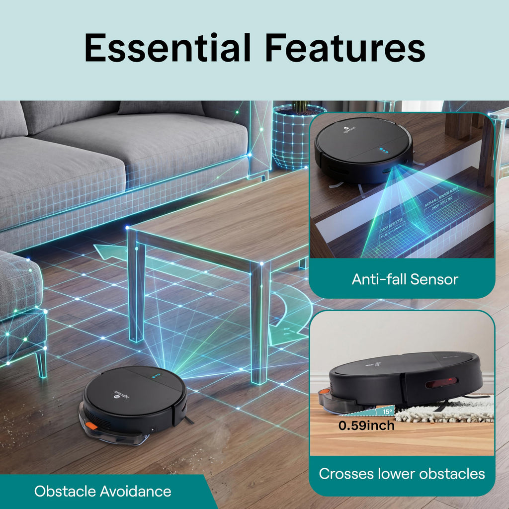 SereneLife Automatic Robot Vacuum Cleaner and Mop Combo, App Control, 3 Cleaning Modes, Smart Anti-Fall Sensors, Self-Charging, High Suction Ideal for Pet Hair, Carpet and Hard Floors, Black