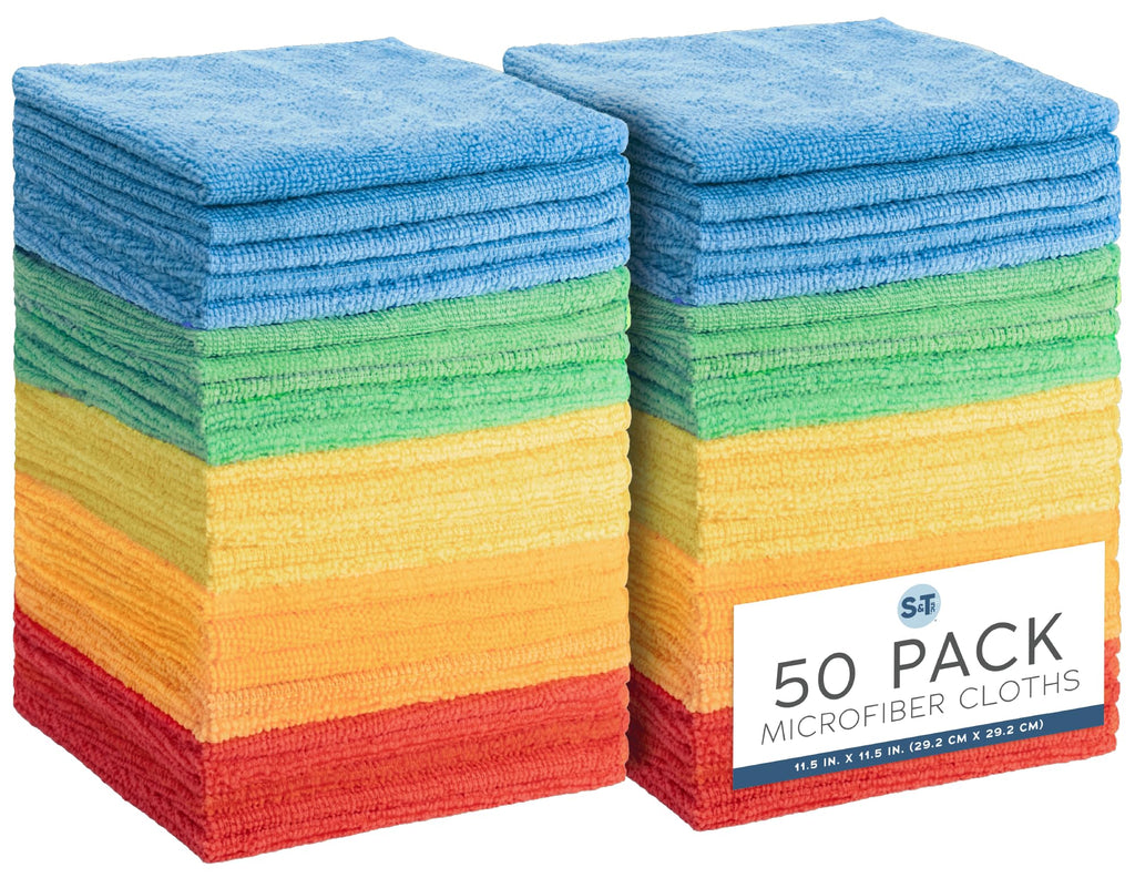 S&T INC. 50 Pack Microfiber Cleaning Cloth, Bulk Towels for Home, Reusable Microfiber Towels for Cars, Cleaning Rags, Assorted, 11.5 Inches x 11.5 Inches, 50 Count