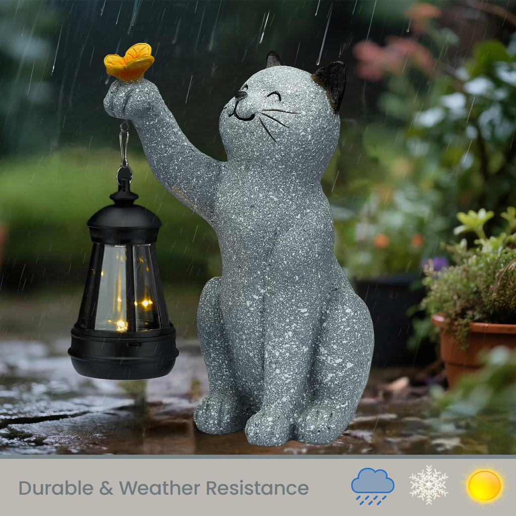 Elegondrar Solar Cat Garden Statue Outdoor Decor, Cat Sculpture with Lantern and Butterfly for Yard Lawn Patio Balcony, Christmas, Birthday Housewarming Gifts for Mom, Grandma, Women, 9.4 inch, Resin
