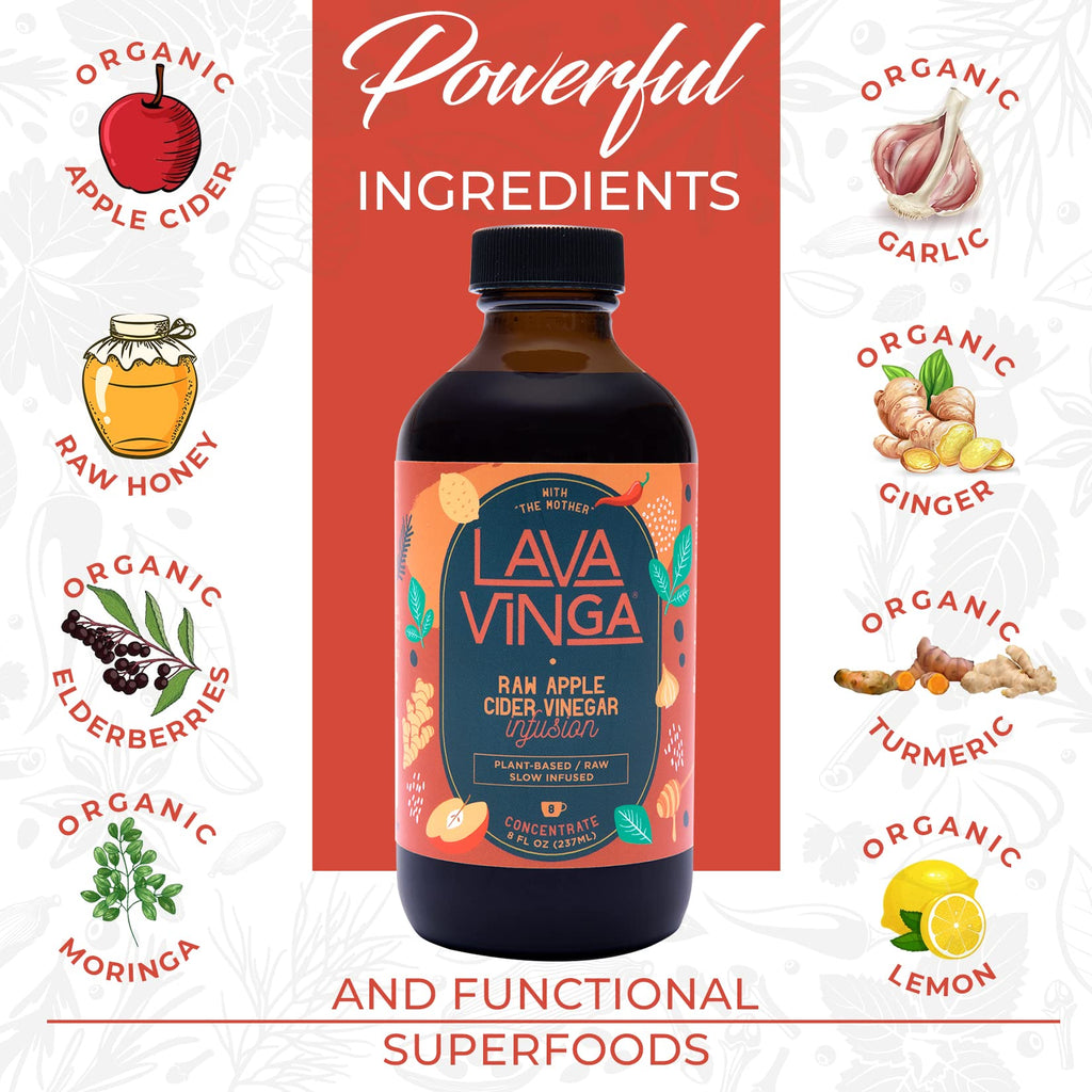 VINGA Lava Raw Apple Cider Vinegar Fire Cider with Cold Pressed Moringa Oleifera, 8 oz., Natural Cold and Flu Remedy and Immune System Booster, Antioxidant Rich Superfood with 92 Essential Nutrients