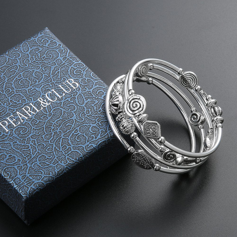 Beaded Pearl Bangle Wrap Bracelet - Fashion Bohemian Jewelry Multilayer Charm Bracelet with Thick Silver Metal Beads, Gift For Women(Metal)