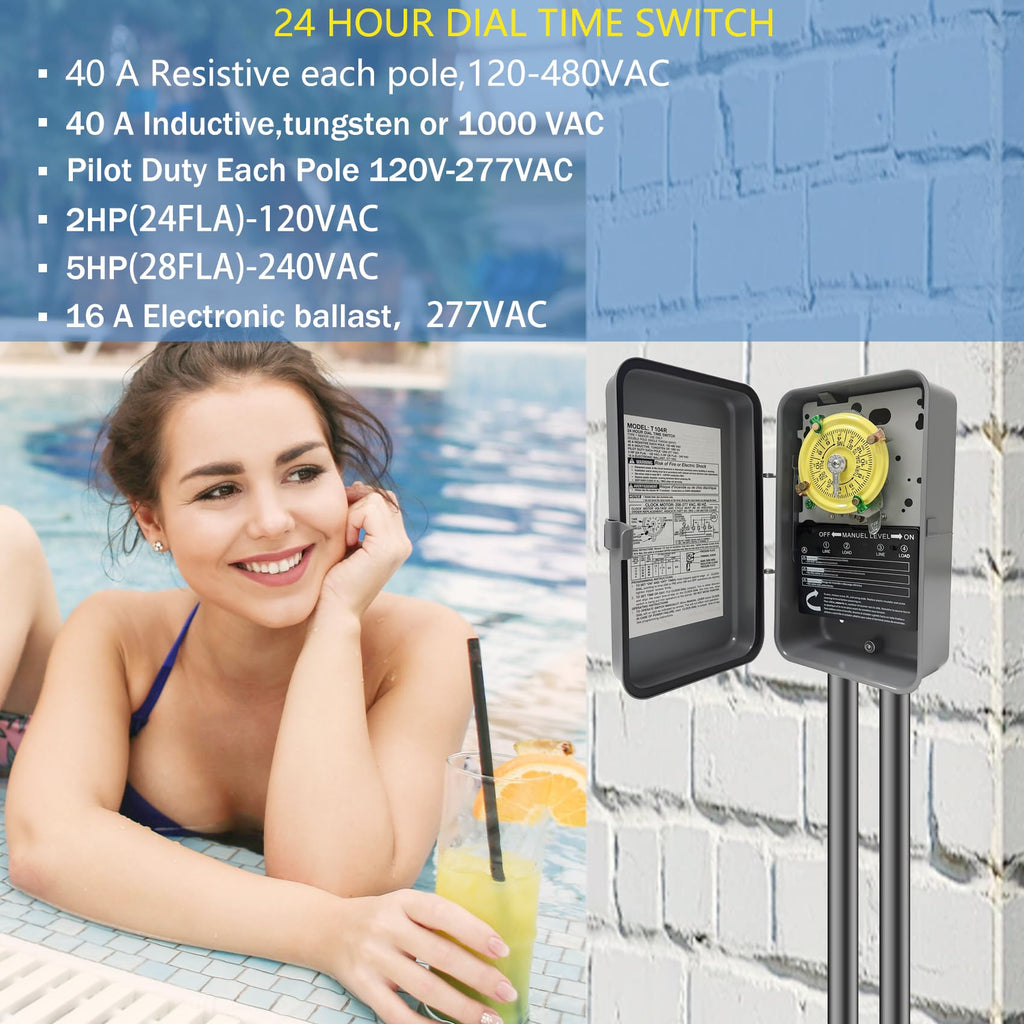 T104R Mechanical Timer Switch, 208–277 VAC 40 Amp,Pool Pump Switch, 24 Hour 12 ON/Off for Pump, Heavy Duty Pool Timers Outdoor, Timer for Pump Lights HVAC Systems, 5 Years Warranty