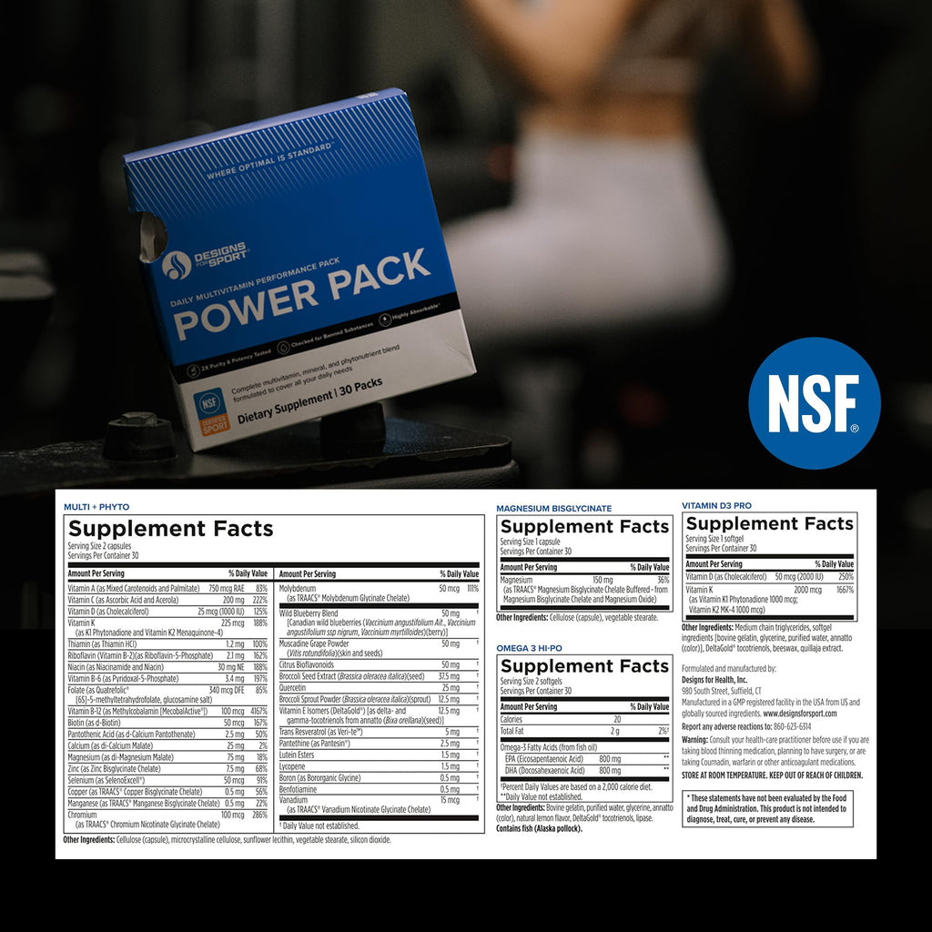 Designs for Sport Vitamin Packs - NSF Certified for Sport Power Pack with Daily Multivitamin, Fish Oil Omega-3, Magnesium Glycinate & Vitamin D3 + K - Athlete's Supplement Stack (30 Packets)