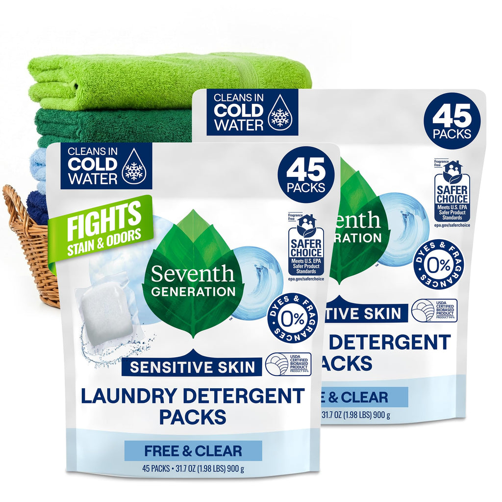 Seventh Generation Laundry Detergent Packs, Free & Clear, 90 Loads (2 pouches, 45 Ct EA)