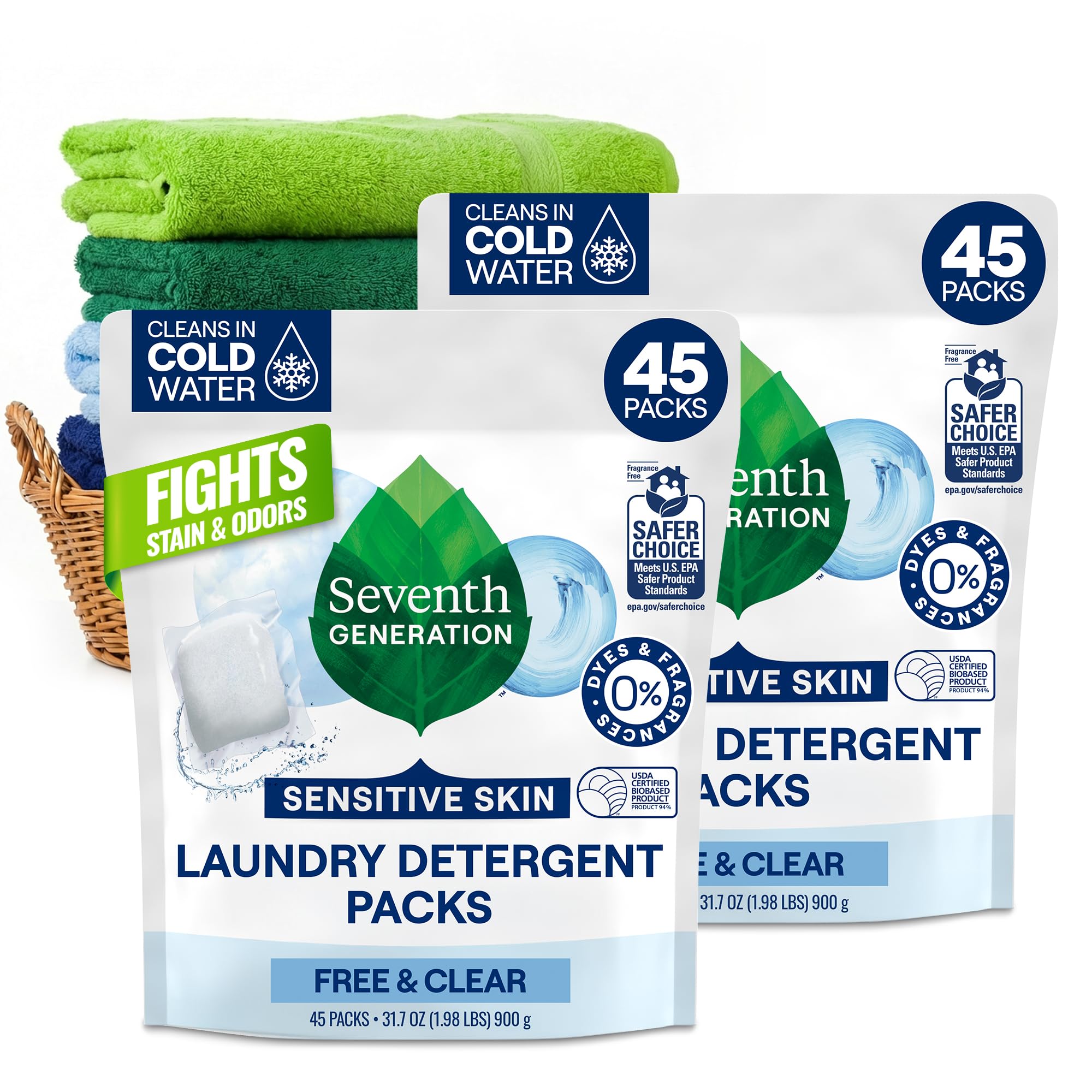 Seventh Generation Laundry Detergent Packs, Free & Clear, 90 Loads (2 pouches, 45 Ct EA)