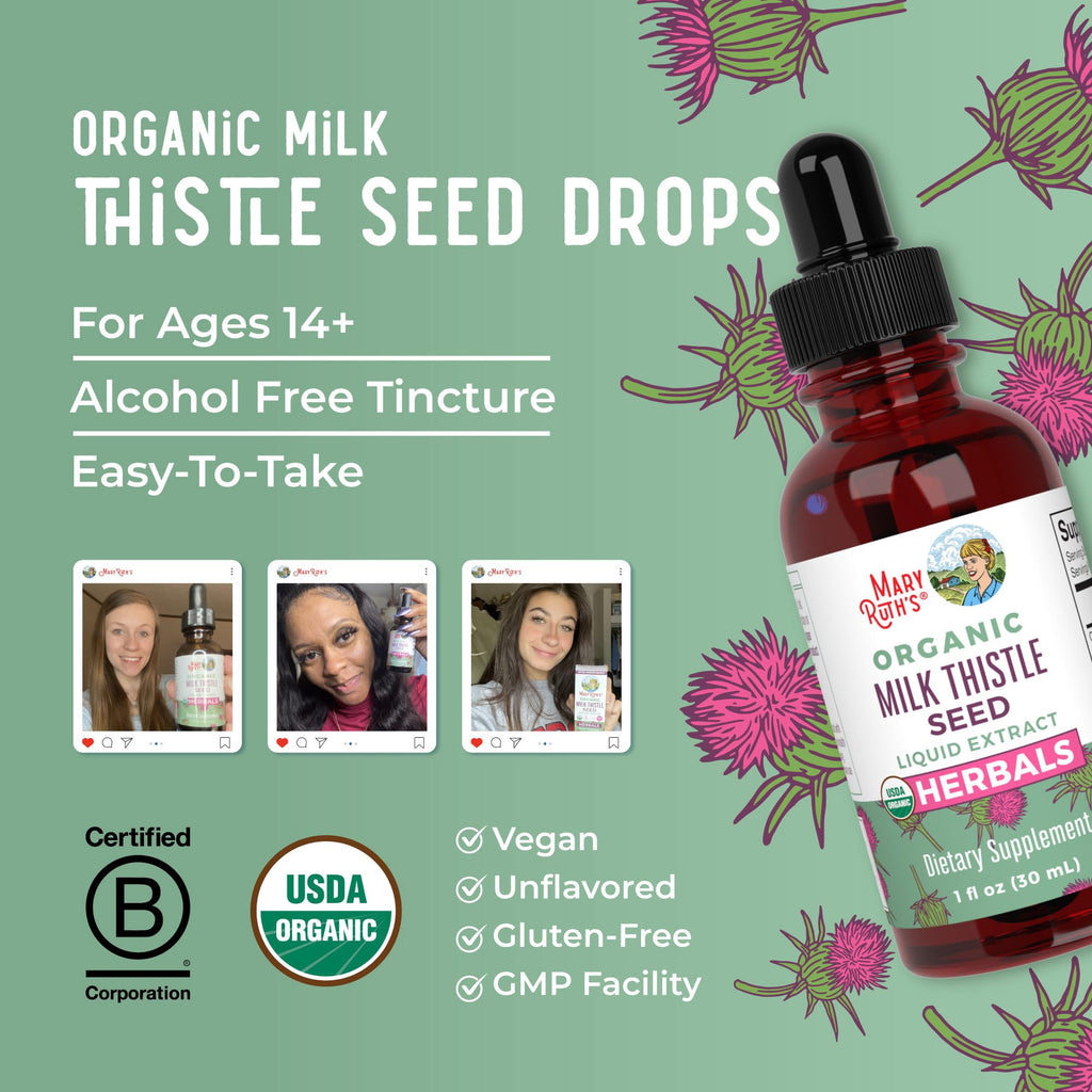 MaryRuth Organics Milk Thistle Seed Liquid Extract Drops, 1 fl oz | 1,190 mg Milk Thistle Seed | Silybum marianum | Alcohol-Free | Vegan | USDA Organic | Non-GMO