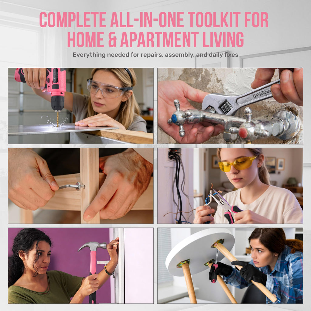 Hi-Spec Pink Tool Set with 8V Drill Set. Complete Cordless & Rechargeable USB Electric Drill Driver Kit for Women, Home DIY Repair & Maintenance, in a Compact Toolbox.