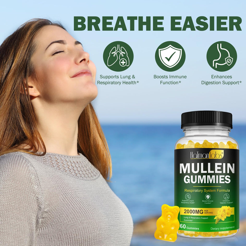 Mullein Gummies for Lungs, Mullein Extract for Smokers - Support Lung & Respiratory Health, Soothes Throat Irritation, Boost Immune - Mullein Leaf Extract for Lungs, Breathe Easier (2 Pack)