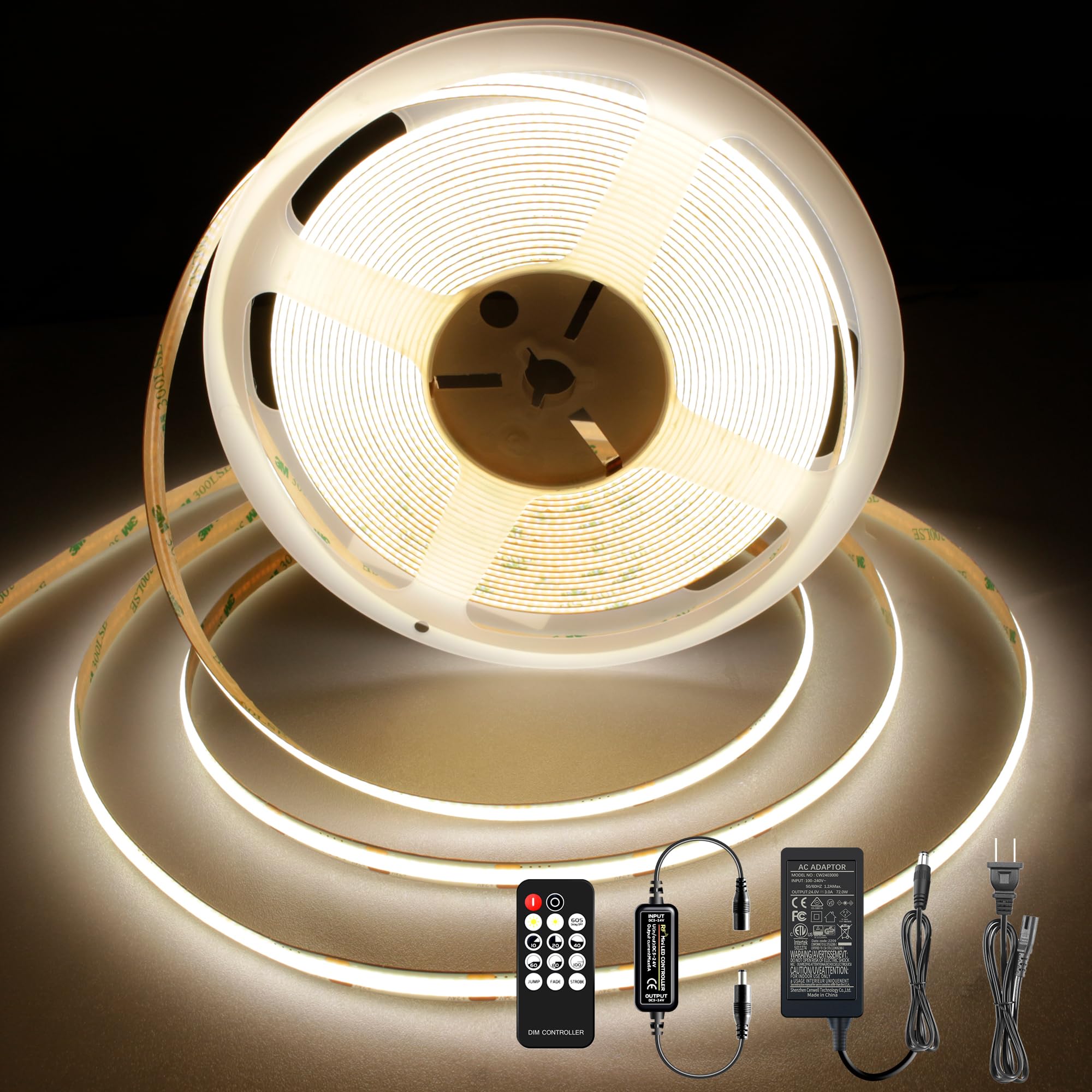 Pandery LED Strip Lights 32.8FT,Dimmable cob led Strip with Adapter and Remote,24V Strip Lights CRI90+ 8mm Wide 3840leds,Natural White 4000K Indoor led Tape,Perfect for Cabinet,Room,Kitchen,TV