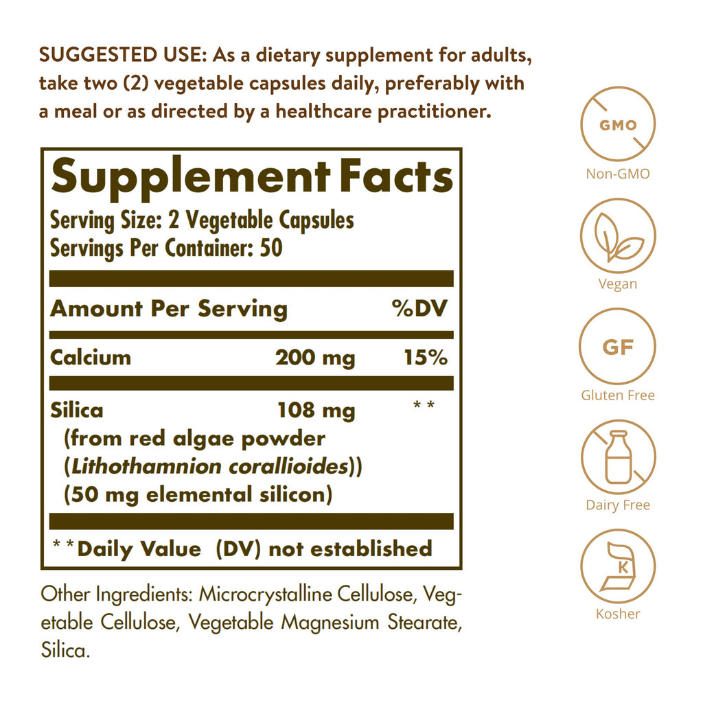 Solgar Oceanic Silica from Red Algae 25 mg,100 Vegetable Capsules - Excellent Source of Calcium,Supports Bone Health - Non-GMO,Vegan,Gluten Free,Dairy Free,Kosher - 50 Servings,(Pack of 2)