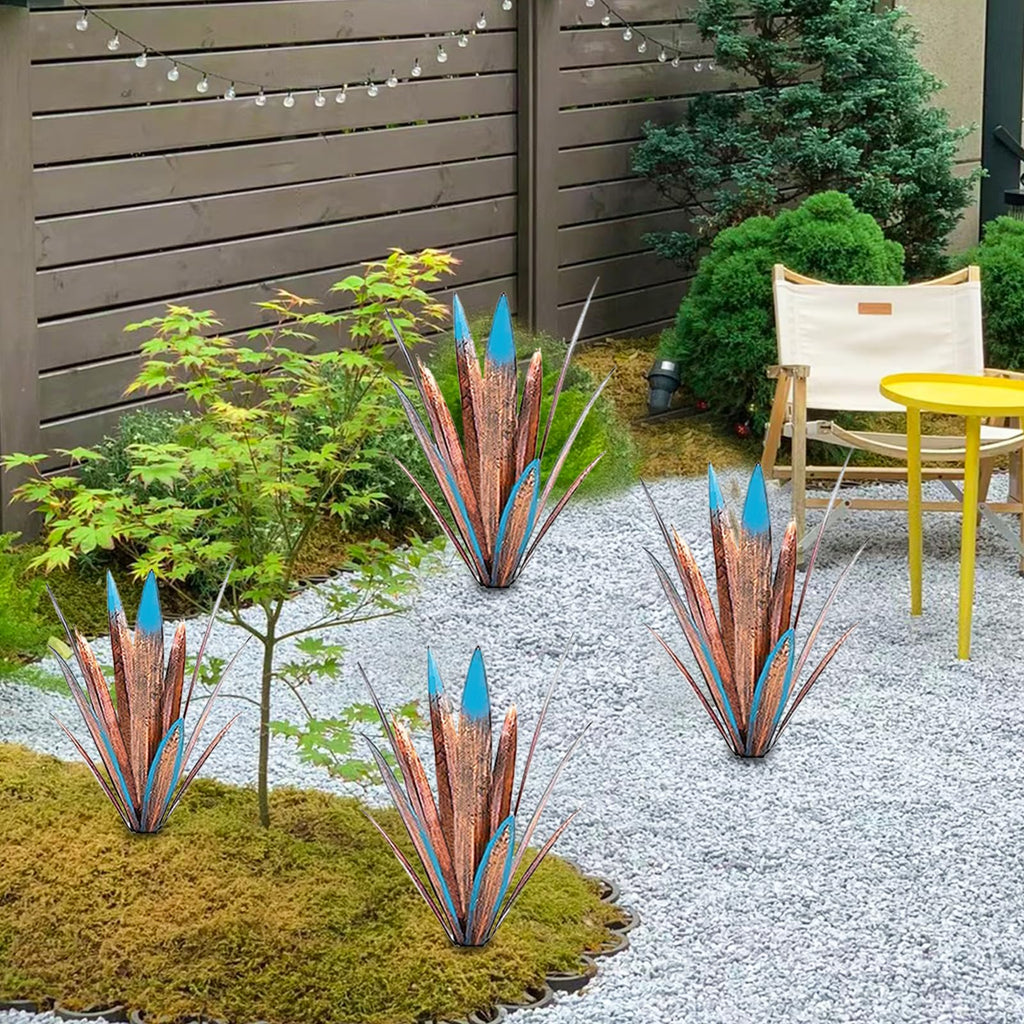 Jesokiibo Tequila Rustic Sculpture DIY Metal Agave Plant Home Decor Rustic Hand Painted Metal Agave Garden Ornaments Outdoor Decor Figurines Home Yard Decorations Stakes Lawn Ornaments (Blue 4PCS)