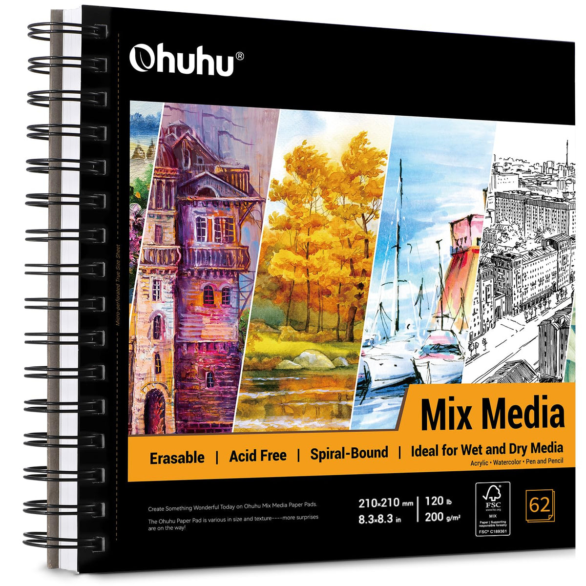 Ohuhu 8.3"x8.3" Mix Media Pad Art Sketchbook 62 Sheets for Painting Drawing