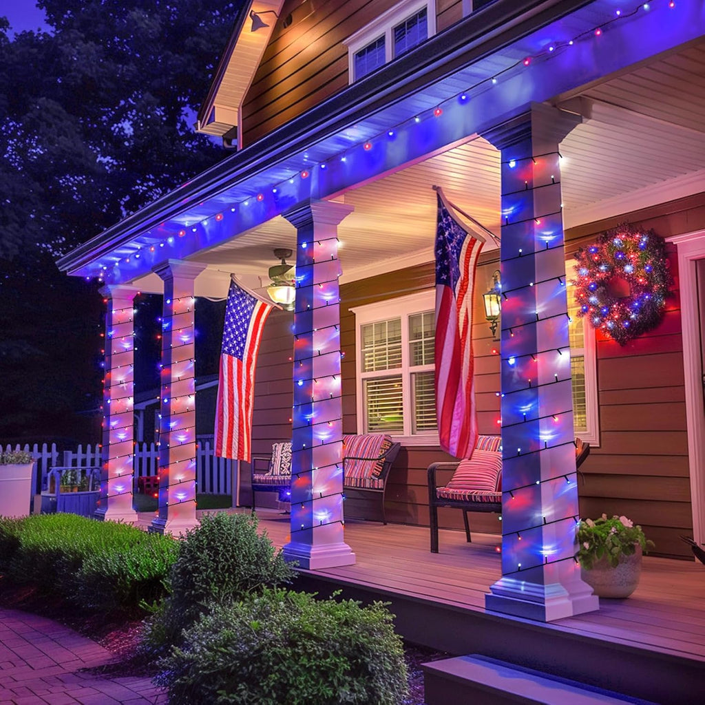 JMEXSUSS 2 Pack Red White and Blue Solar Lights, 200LED 75.5ft Patriot Solar String Lights Outdoor Waterproof, 8 Modes 4th of July Light for Independence Day Patio Garden Tree Decorations