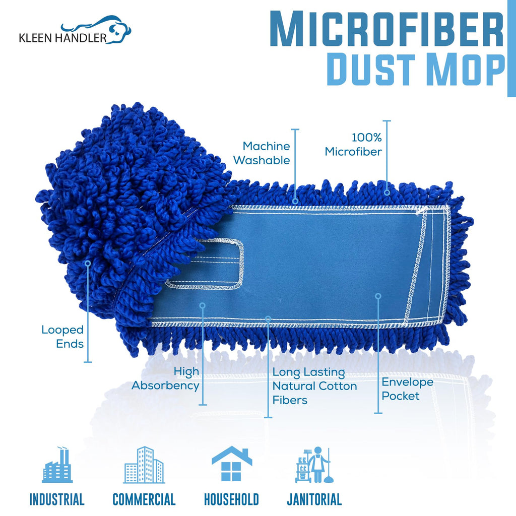 Kleen Handler 48 inch Microfiber Dust Mop | Extra Large Washable Commercial Mop Head Replacement, Pack of 6